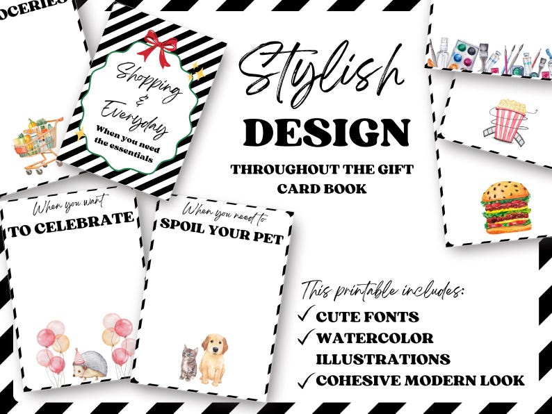 May include: Printable gift card book pages with a stylish design. The pages feature watercolor illustrations, cute fonts, and a cohesive modern look. The text includes "Shopping & Everyday", "To Celebrate", and "Spoil Your Pet".