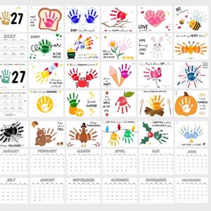 May include: A 2027 calendar featuring colorful handprint art for each month. The calendar includes illustrations of hearts, animals, and seasonal themes. Each month has a unique design with text like "Love," "Sweet Summer," and "Happy Halloween."
