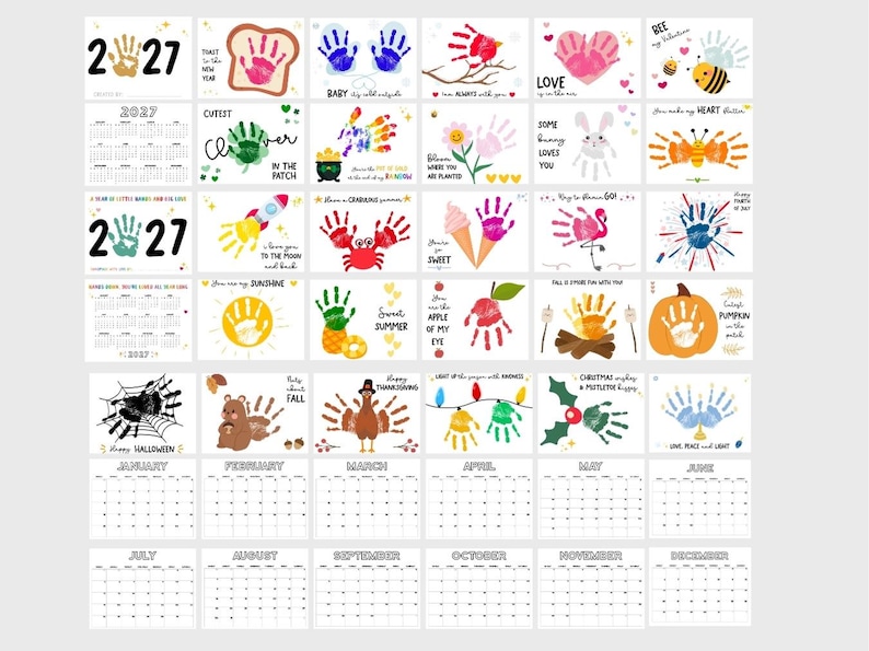May include: A 2027 calendar featuring colorful handprint art for each month. The calendar includes illustrations of hearts, animals, and seasonal themes. Each month has a unique design with text like "Love," "Sweet Summer," and "Happy Halloween."