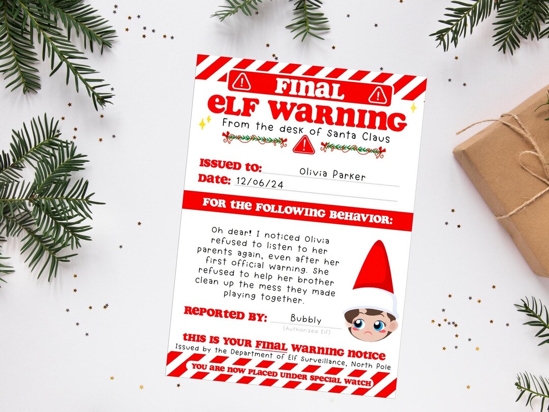 EDITABLE Final Elf Warning Notice Printable Elf Naughty Warning ...