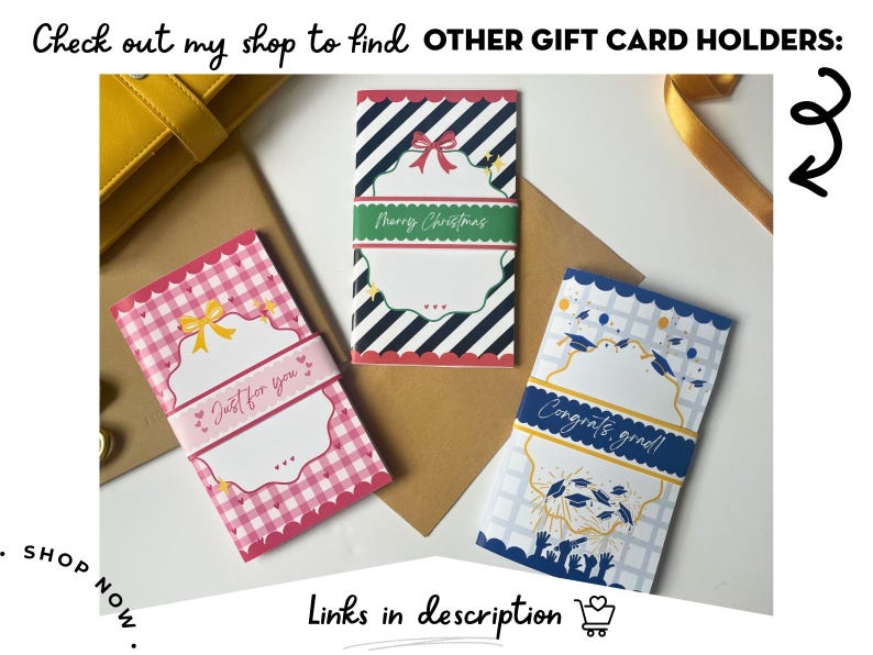 May include: Gift card holders with various designs. One pink holder features a gingham pattern and the text "Just for you." Another has a red and black striped pattern with "Merry Christmas." A blue holder says "Congrats grad!"
