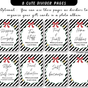 May include: Eight decorative divider pages with black and white striped backgrounds, each featuring a unique theme like "Shopping & Everyday" and "Fun Stuff." Each page has a red bow and text. The dividers are designed to organise gift cards.