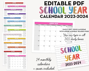 Modèle de calendrier d'année scolaire mensuel modifiable imprimable, année scolaire 2023-2024, PDF modifiable, calendrier mensuel remplissable pour enfants et enseignants