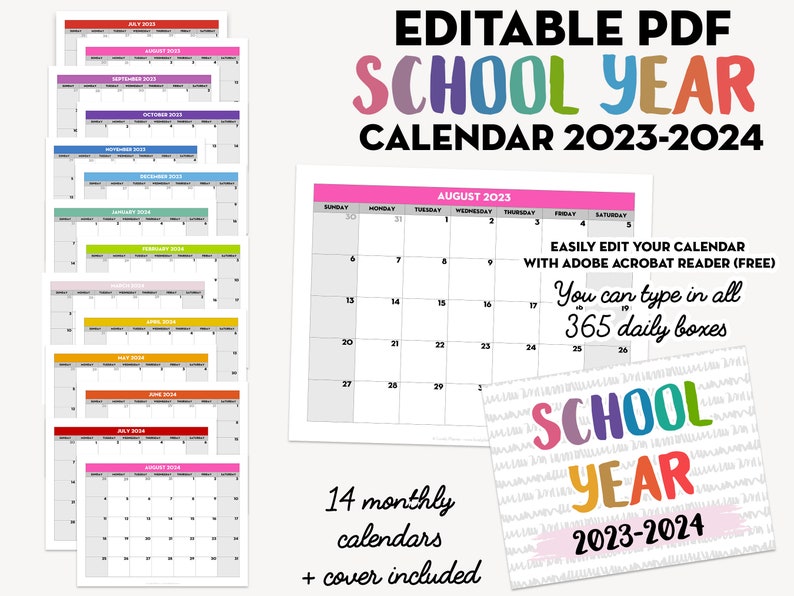 Printable EDITABLE Monthly School Year Calendar Template Etsy