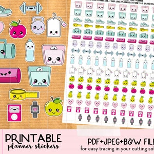 Kawaii Diet Fitness Workout Scale Stickers set Printable Planner stickers, Print&Cut stickers for Happy Planner, Filofax, Erin Condren... image 1