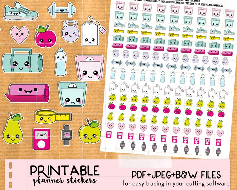 Kawaii Diet Fitness Workout Scale Stickers set Printable Planner stickers, Print&Cut stickers for Happy Planner, Filofax, Erin Condren... image 1