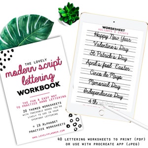 40 Practice Worksheets Modern Script Lettering for Procreate & Print, Calligraphy, Hand Lettering, IPad Lettering -For beginners,planners...