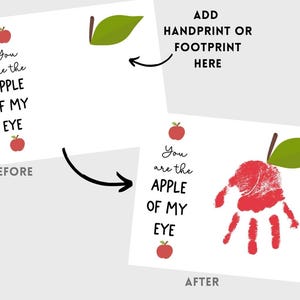 May include: A white card with the text "You are the APPLE OF MY EYE" and apple illustrations. The image shows a before and after concept, with a red handprint added to the apple graphic in the "after" version.