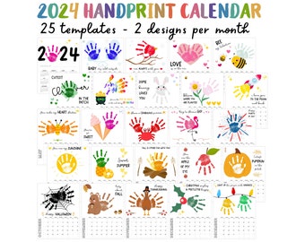 Calendrier 2024 empreinte de main, lot de créations d'empreintes de main imprimables, oeuvre d'art empreinte de pas de main pour enfants, carte souvenir souvenir souvenir de bébé, jalon