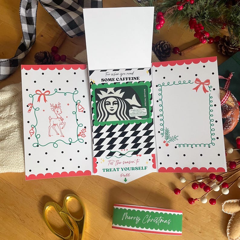 May include: A festive Christmas card with a Starbucks theme. The card features a white background with black polka dots and red scalloped edges. The card includes text that reads "For when you need SOME CAFFEINE" and "Tis the season to TREAT YOURSELF".