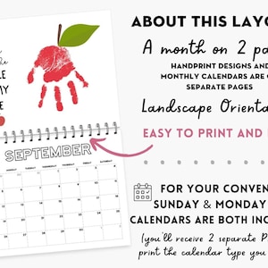 May include: A spiral-bound calendar with a handprint apple design for September. The text reads "You are the apple of my eye." Additional text describes the layout, including a month on two pages and landscape orientation.