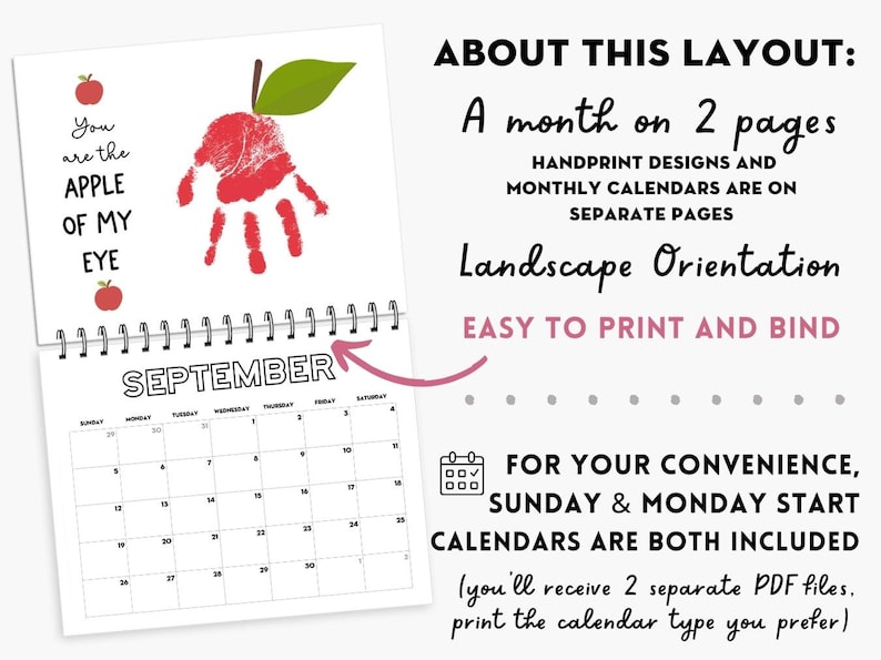 May include: A spiral-bound calendar with a handprint apple design for September. The text reads "You are the apple of my eye." Additional text describes the layout, including a month on two pages and landscape orientation.