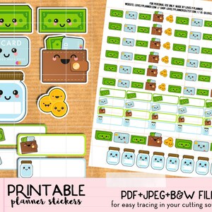 Conjunto de adesivos Kawaii Money: dólar, carteira, poupança, despesas, pagamento - Adesivos de planejador imprimíveis, impressão e corte para Happy Planner, Filofax, ECLP