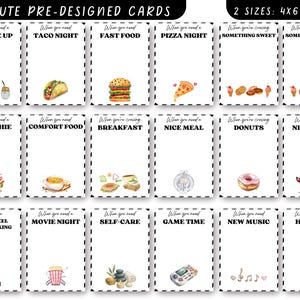 May include: A set of 50 pre-designed cards, available in 4x6 and 5x7 inch sizes. Each card has a black dotted border and a watercolour illustration. The cards feature phrases like "Pick Me Up", "Taco Night", and "Something Sweet", suitable for different occasions.