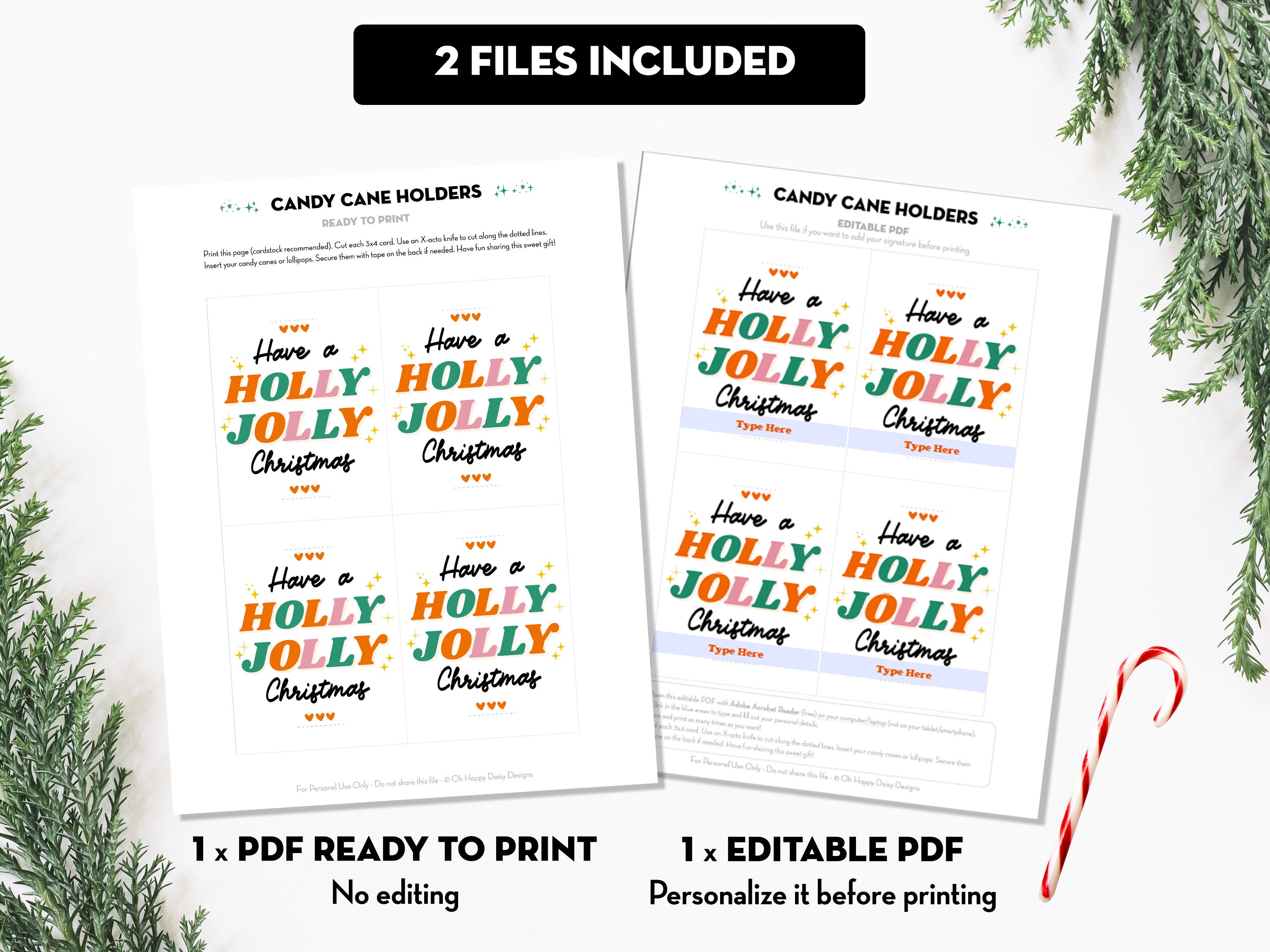 Editable Printable Candy Cane Holder, Holly Jolly Christmas Candy Cane ...