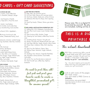 May include: A digital printable file with gift card suggestions, including everyday treats, self-care, and travel options. The file includes 60+ pre-designed pages in 10x15 and 13x18 cm sizes, ready to print. The text reads, "This is a digital printable file."