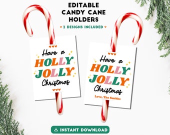 Porte-canne en bonbon imprimable modifiable, étiquette de canne en bonbon de Noël Holly Jolly, étiquette-cadeau de camarade de classe, étiquette de sucette de faveur de classe, étiquette de bonbon