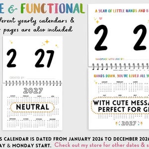 May include: Two spiral-bound yearly calendars with the numbers "2 27" on the cover. One calendar has the word "NEUTRAL" and the other has the text "WITH CUTE MESSAGES, PERFECT FOR GIFTS". The text "CUTE & FUNCTIONAL" is at the top.