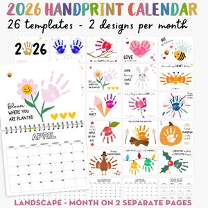 Calendrier 2026 empreinte de main paysage, lot de travaux manuels imprimables d'empreinte de main, oeuvre d'art empreinte de main pour enfants, carte souvenir souvenir souvenir de bébé, bambin