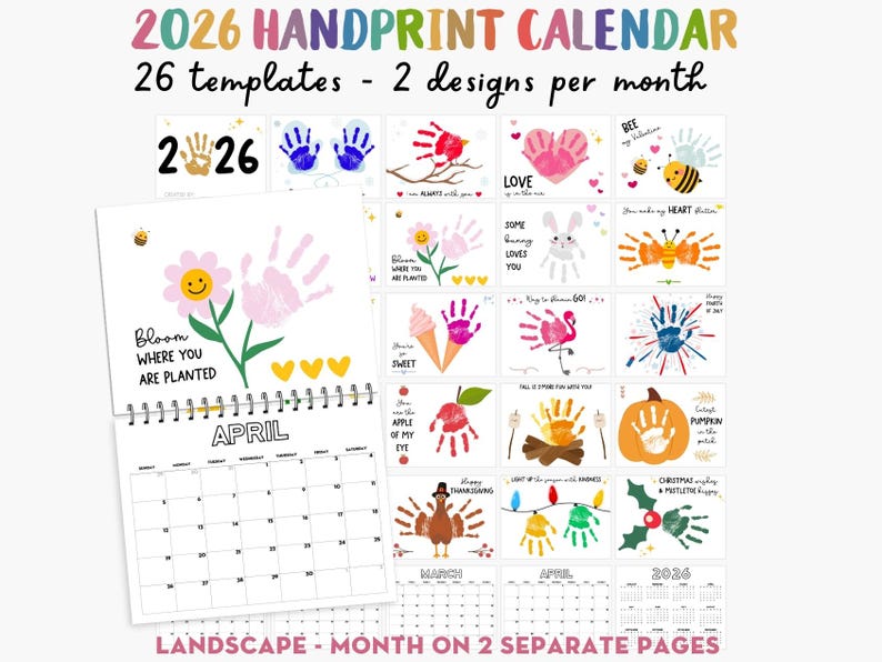 Handprint Calendar 2026 Landscape, Printable Handprint Craft Bundle