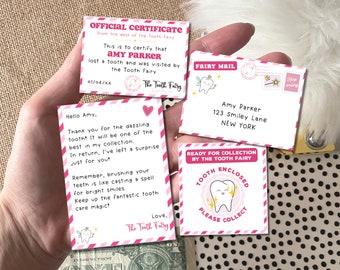 Mini jeu de fée des dents imprimable modifiable rose avec enveloppe, lettre de fée des dents pour fille, reçu de dent, certificat de dent perdue