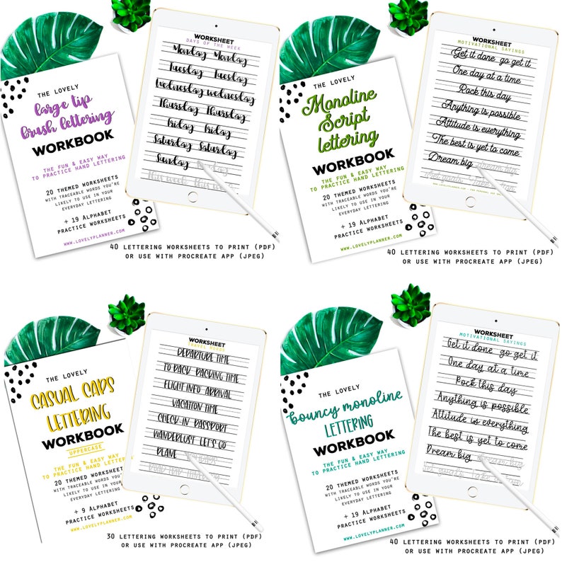 BUNDLE 370 Hand Lettering Practice Worksheets, 10 Lettering Alphabet Styles Brush/Monoline for Procreate & Print, Modern Calligraphy, iPad image 7