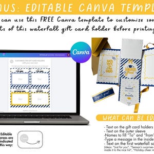 May include: A laptop screen shows a gift card holder template with the text "BONUS: EDITABLE CANVA TEMPLATE." The design uses navy blue and gold colours, with areas for custom text. A finished gift card holder is also shown, with graduation-themed text.