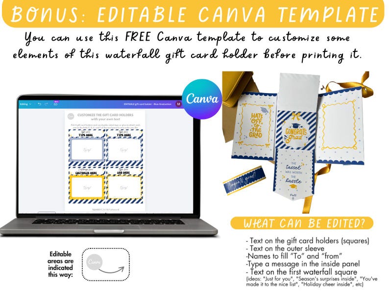 May include: A laptop screen shows a gift card holder template with the text "BONUS: EDITABLE CANVA TEMPLATE." The design uses navy blue and gold colours, with areas for custom text. A finished gift card holder is also shown, with graduation-themed text.