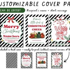 May include: A notebook with three Christmas cover designs, featuring festive illustrations and text like "Merry Christmas" and "Name here". The image also shows ready-to-print back cover versions. The covers are customizable.