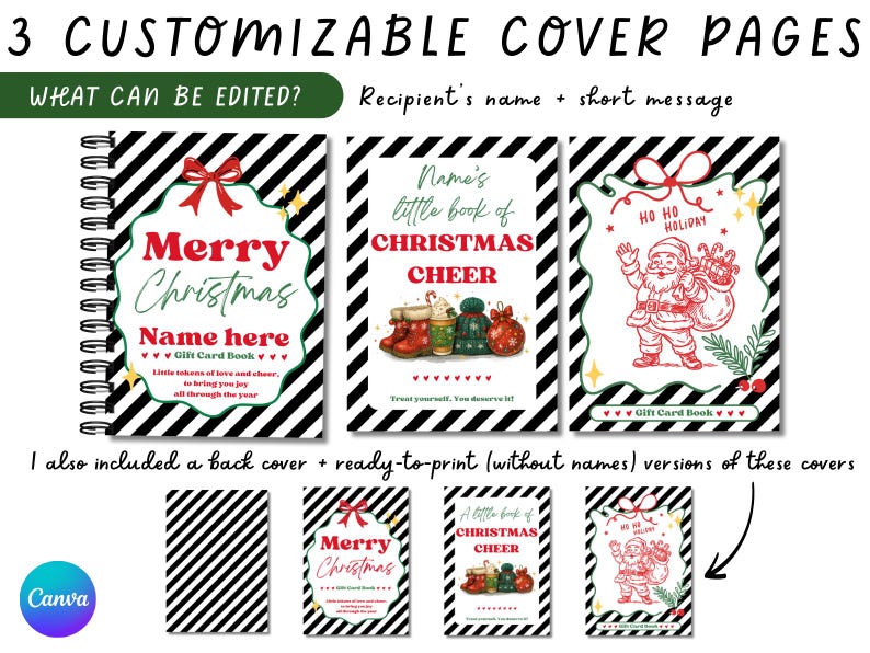 May include: A notebook with three Christmas cover designs, featuring festive illustrations and text like "Merry Christmas" and "Name here". The image also shows ready-to-print back cover versions. The covers are customizable.