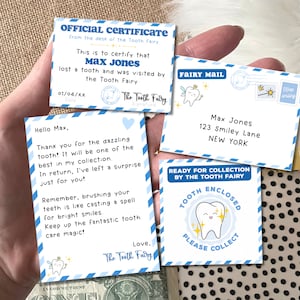 Mini set de Hada de los Dientes azul editable e imprimible con sobre, carta del Hada de los Dientes para niño, recibo de diente, certificado de diente perdido