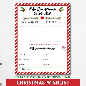 Bearbeitbare Weihnachtswunschliste Druckbare Weihnachtswunschliste Vorlage, Druckfertige Weihnachtswunschliste für Kinder, Brief an Santa Vorlage