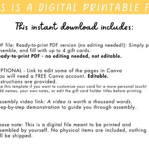 May include: A digital printable file with text in a yellow banner. The text reads "This instant download includes:" followed by details about a PDF file, Canva editing options, and an assembly video link. The file is meant to be printed and assembled.