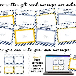 May include: Gift card templates with pre-written messages for occasions like "Groceries" and "A Night Out." The cards have a navy and white striped design with yellow borders. The image also shows a laptop displaying a Canva template for customization.
