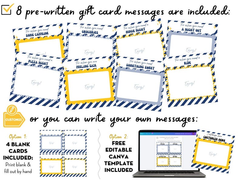 May include: Gift card templates with pre-written messages for occasions like "Groceries" and "A Night Out." The cards have a navy and white striped design with yellow borders. The image also shows a laptop displaying a Canva template for customization.