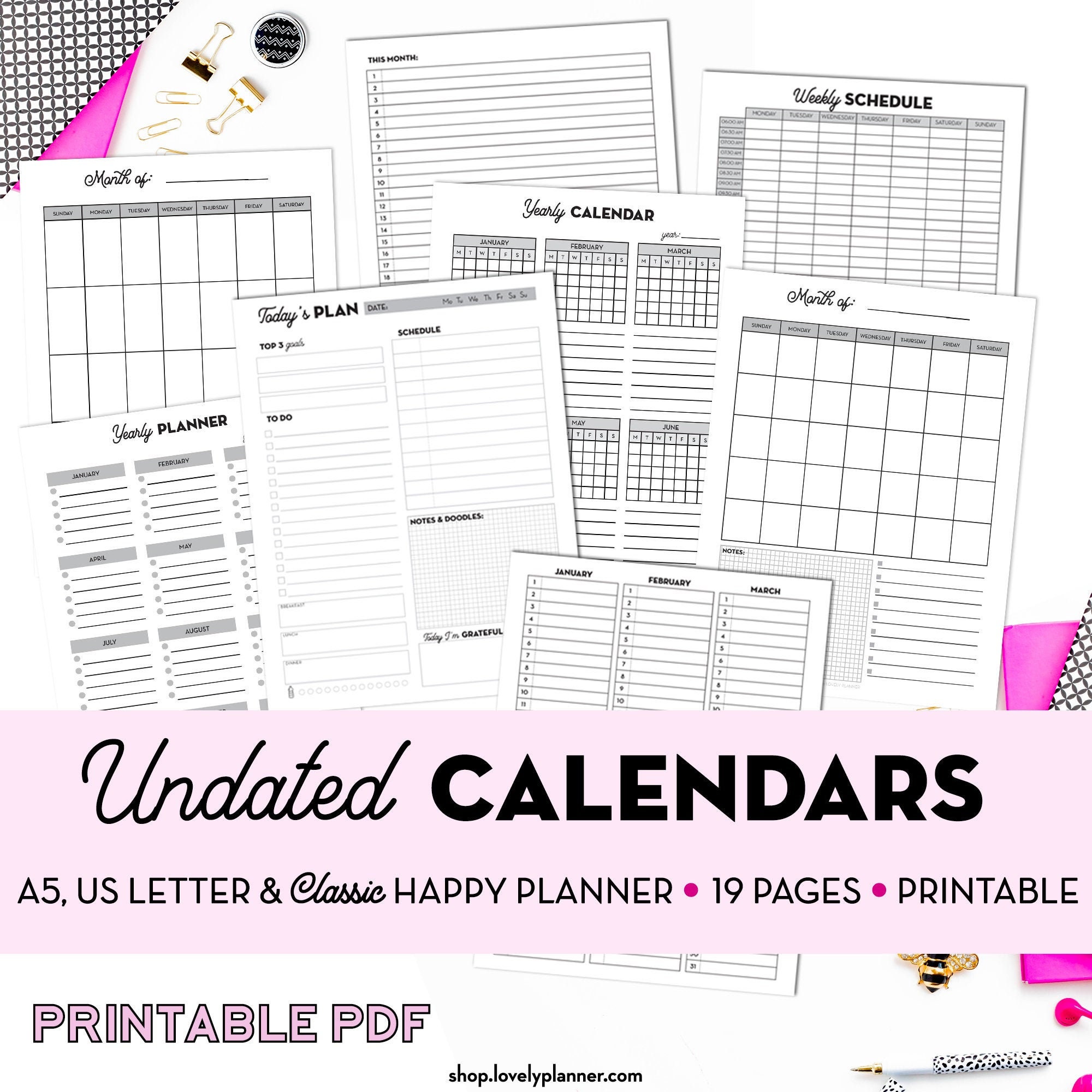 19 Printable Undated Calendar Planner Inserts A5, A4, US Letter