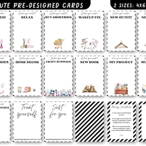 May include: A set of 50 pre-designed cards in two sizes, 4x6 and 5x7 inches. Each card features a unique design with illustrations and text, including themes like mani-pedi, relax, new outfit, and accessories. The cards have a white background with a black dotted border.