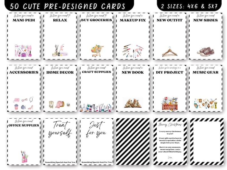 May include: A set of 50 pre-designed cards in two sizes, 4x6 and 5x7 inches. Each card features a unique design with illustrations and text, including themes like mani-pedi, relax, new outfit, and accessories. The cards have a white background with a black dotted border.