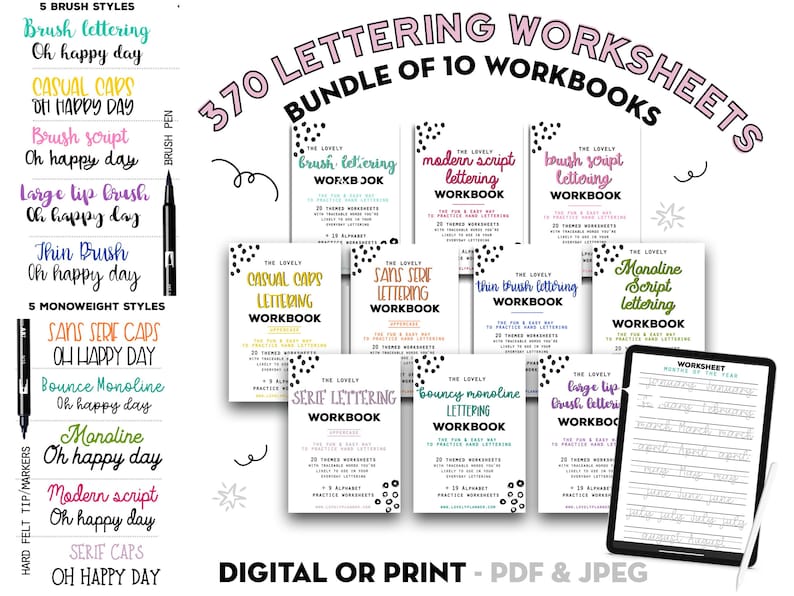 BUNDLE 370 Hand Lettering Practice Worksheets, 10 Lettering Alphabet Styles Brush/Monoline for Procreate & Print, Modern Calligraphy, iPad image 2