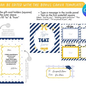 May include: A Canva template design in navy blue and yellow. It features editable text areas for gift card holders, outer sleeves, and a waterfall square. Text includes "Congrats, grad!" and "Type TEXT here."