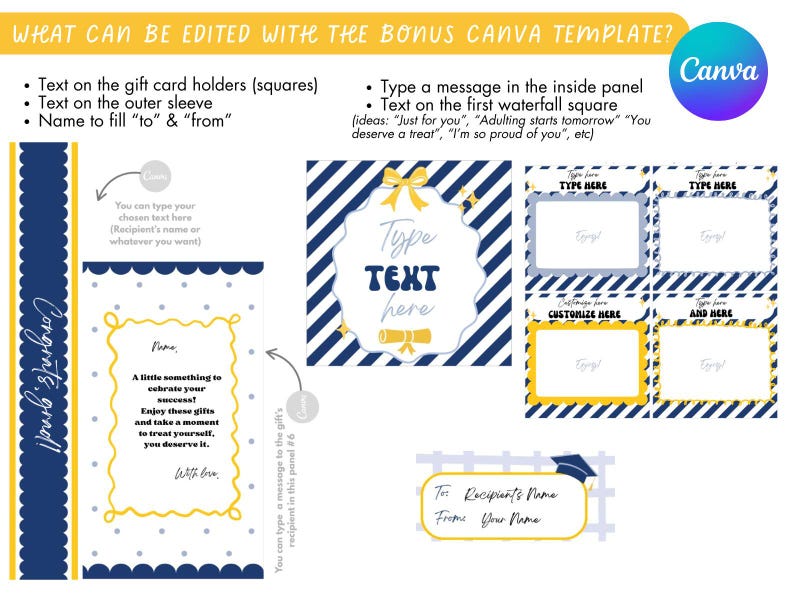 May include: A Canva template design in navy blue and yellow. It features editable text areas for gift card holders, outer sleeves, and a waterfall square. Text includes "Congrats, grad!" and "Type TEXT here."