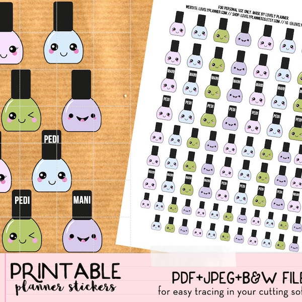 Kawaii Nail appointment Stickers set, manicure, pedicure - Printable Planner stickers, Print&Cut stickers for Happy Planner, Filofax, ECLP..