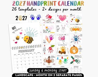 Calendario de huellas de manos 2027 horizontal, paquete de manualidades imprimibles, arte de huellas de manos para niños, tarjeta de recuerdo DIY para bebés y niños pequeños