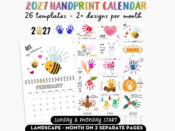 Handprint Calendar 2027 Landscape, Printable Handprint Craft Bundle, Handprint Footprint Art for Kids Baby Toddler Memory Keepsake DIY Card