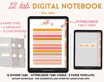 Carnet numérique avec 12 onglets hyperliens, carnet Goodnotes, carnet Notability, Cornell, carnet iPad, notes numériques, Boho, PDF