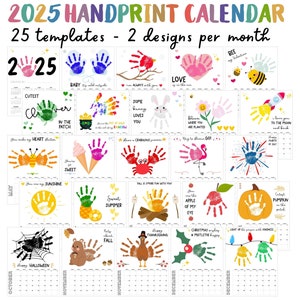Calendrier 2025 empreinte de la main, lot de créations d'empreintes de main imprimables, oeuvre d'art de l'empreinte de la main pour enfants, carte souvenir souvenir, souvenir, étape importante