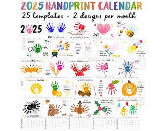 Calendrier 2025 empreinte de la main, lot de créations d'empreintes de main imprimables, oeuvre d'art de l'empreinte de la main pour enfants, carte souvenir souvenir, souvenir, étape importante