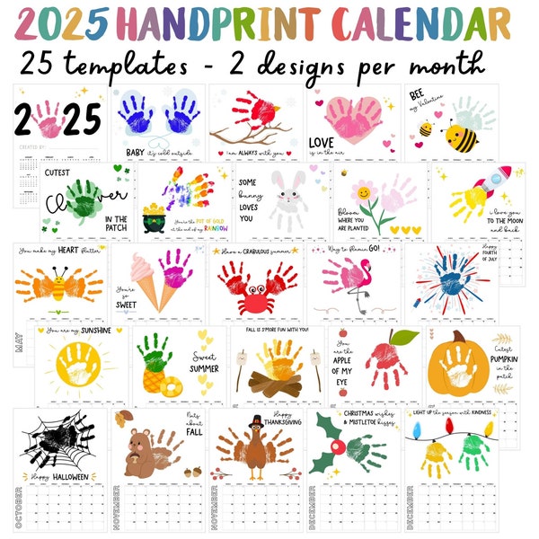 Handprint Calendar 2025, Printable Handprint Craft Bundle, Handprint Footprint Art for Kids Baby Toddler Memory Keepsake DIY Card, Milestone