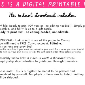 以下が含まれることがあります： ピンク色のテキスト「THIS IS A DIGITAL PRINTABLE FILE」を含むデジタル印刷可能ファイル。「This instant download includes:」のテキストは、PDFファイル、Canvaリンク、およびアセンブリビデオリンクの詳細を紹介しています。