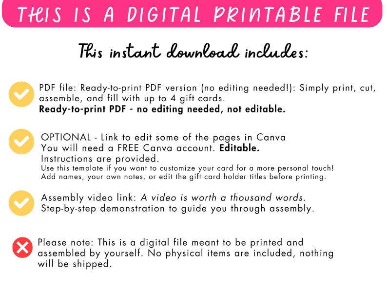 以下が含まれることがあります： ピンク色のテキスト「THIS IS A DIGITAL PRINTABLE FILE」を含むデジタル印刷可能ファイル。「This instant download includes:」のテキストは、PDFファイル、Canvaリンク、およびアセンブリビデオリンクの詳細を紹介しています。